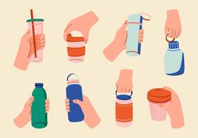 Set of Drink Bottles and Cups with Hands. A bundle of 8 illustrations showing hands holding various drink bottles and cups, including thermal bottles, foldable cups, and reusable mugs vector