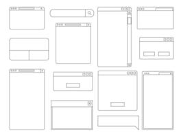 Minimalist User Interface Design Bundle. A set of 13 clean-lined UI wireframe elements, including browsers, chat boxes, search bars, and layouts for web and mobile designs vector