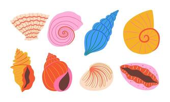 Hand Drawn Colorful Seashell Bundle. This bundle features eight vibrant, stylized seashell illustrations, each with unique shapes and patterns. Perfect for summer, beach, and ocean-themed projects. vector