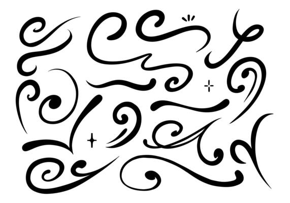 Decorative Swirl Line Elements. A collection of 18 swirl line designs, including spirals, flourishes, and flowing accents, perfect for decoration and creative designs