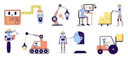 Industrial Robots and AI Automation Set. A collection of robots working in various industrial settings, showcasing automation, artificial intelligence, and factory operations for modern industries vector