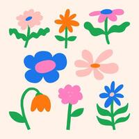Whimsical Flower Icon Vibrant Colors. A playful collection of floral icons with bold colors and fun shapes, perfect for spring, summer, and cheerful design projects vector