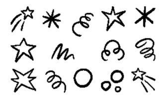 Pixel icon collection of stars and spirals. A collection of 14 pixelated icons featuring spirals, stars, comets, and abstract designs, ideal for gaming, retro, and celestial art projects vector