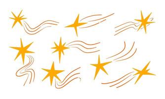 Celestial Shooting Star Collection with Trail. A collection of 8 shooting stars featuring vibrant orange trails and dynamic designs, perfect for celestial-themed projects vector