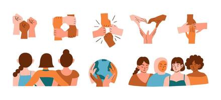 Harmony Between Cultures and Races. A collection of 8 hand-drawn elements symbolizing global harmony, peace, unity, and coexistence between diverse cultures and races vector