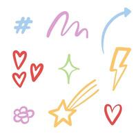 Set of Fun Decorative Icon Elements. A collection of 9 fun and versatile decorative icons, including hearts, a hashtag, sparkles, and more, perfect for creative projects vector