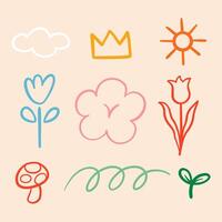 Hand drawn minimalist line art bundle. A collection of nine hand-drawn line art elements including a cloud, crown, sun, flowers, mushroom, and more. Perfect for creative and decorative projects vector