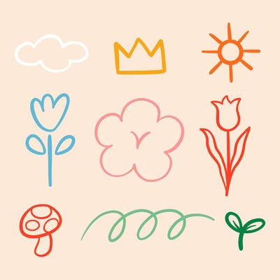 Hand drawn minimalist line art bundle. A collection of nine hand-drawn line art elements including a cloud, crown, sun, flowers, mushroom, and more. Perfect for creative and decorative projects