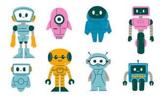 Cute Robot Character Collection. A fun collection of eight cute robot characters in various styles and designs, perfect for sci-fi, tech, or playful design projects vector