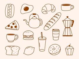 Minimalist Food and Drink Outline Icons Set. A set of 15 hand-drawn food and drink icons in outline style, including coffee, bread, and desserts. Perfect for menus, branding, and digital projects vector