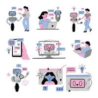 Futuristic AI and Human Collaboration Set. A collection of 8 illustrations showcasing human interaction with AI robots in various tech-assisted scenarios, highlighting innovation and teamwork vector