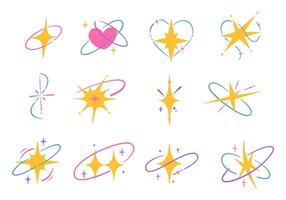 Celestial Starburst Collection Orbiting Accent. A collection of 12 celestial starburst designs featuring colorful orbiting details, ideal for cosmic and playful themes vector