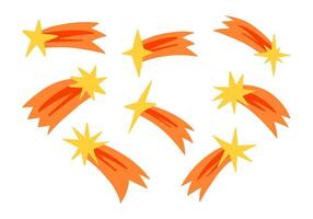 Shooting Star Radiant Cores Fiery Orange Tail. A collection of 8 dynamic shooting stars with radiant yellow cores and fiery orange tails, ideal for energetic and celestial designs vector