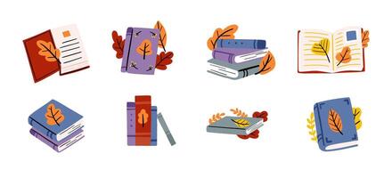 Autumn Reading Book Illustrations. Set of illustrations featuring books and autumn leaves, ideal for seasonal reading, study, and cozy themes vector