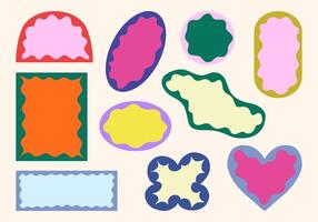 Retro sticker set with abstract wavy shapes. A collection of ten retro-inspired abstract sticker designs featuring wavy outlines and bold shapes, ideal for nostalgic layouts, branding, and digital art vector