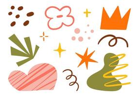 Abstract Hand Drawn Decorative Shapes. A vibrant set of 13 abstract hand-drawn elements, including dots, shapes, lines, and symbols, perfect for unique design accents and creative compositions vector
