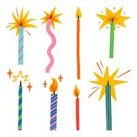 Hand drawn decorative candle various shapes. A collection of 8 unique hand drawn decorative candles featuring creative flames, patterns, and shapes, ideal for celebrations and artistic projects vector