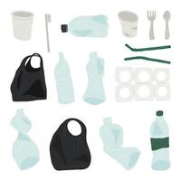 Plastic Waste Illustration Set. A illustrations depicting common plastic waste items, including bottles, bags, utensils, and more. focusing on environmental pollution and waste management vector