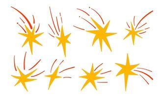 Dynamic Shooting Stars with Radiant Trails. A complete set of 8 vibrant shooting stars in yellow with red or orange trails, perfect for celestial and cosmic-themed designs vector