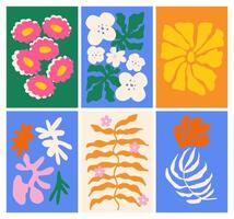 Abstract flower shape hand drawn poster set in modern, naive painting style with groovy and funky elements, perfect for interior decoration. vector