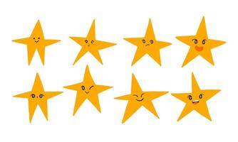 Expressive Yellow Star Set with Playful Faces. A set of 8 yellow stars featuring expressive faces, from smiles to winks, perfect for adding charm to celestial and creative designs vector