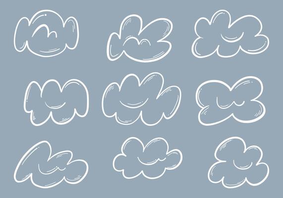 Hand-Drawn Sketch Cloud Shape Bundle. A collection of hand-drawn sketch-style cloud shapes with soft, rounded edges and subtle strokes. These whimsical and airy elements are perfect for illustrations