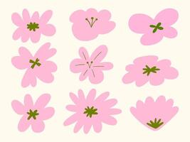 Abstract Hand Drawn Sakura Flower Shapes. A collection of 9 abstract hand-drawn sakura flower shapes in soft pink with green accents. Perfect for floral designs, stickers, and decorative elements vector
