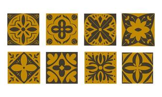 Golden tile bundle with floral and geometric motifs including swirls, starbursts, cloverleaf patterns, and cross shapes. Perfect for rustic and vintage designs. vector
