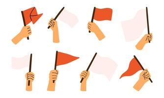 Hands Holding Flags Illustration. A collection of eight minimalist illustrations of hands holding red and white flags, ideal for themes of communication, alert, and protest vector