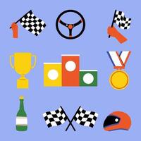 Racing Essentials Icon Set. A set of nine racing-themed illustrations, including checkered flags, trophy, podium, steering wheel, and helmet, capturing key symbols in motorsport vector