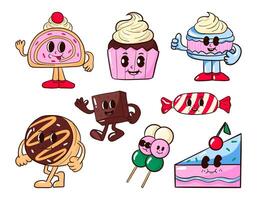 Fun Dessert Retro Character Bundle. A playful collection of 8 dessert characters, including cupcakes, cookies, and candy. Perfect for bakery, food projects, and sweet designs vector
