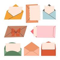 Hand Drawn Envelopes with Inserts Ribbons and Decorative Edges. A versatile collection of hand-drawn envelope designs featuring inserts, scalloped edges, and minimalist styles for creative projects vector