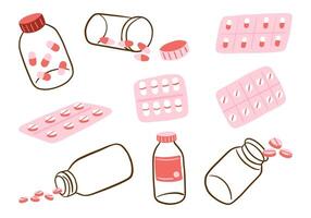 Medicine and Pharmacy Icon Set. A collection of nine illustrated medicine-themed designs, including bottles, capsules, tablets, and blister packs. Perfect for healthcare, and educational projects vector