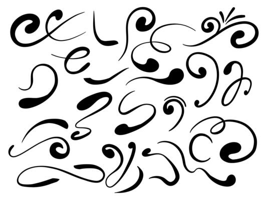 Abstract Black Ink Swirls and Curls Collection. A collection of 23 abstract black ink swirls and curls, designed with bold and fluid lines for creative, minimalist, and modern projects