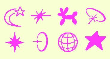 Abstract Pixel Shapes for Creative Design. A collection of 8 unique pixelated shapes, ideal for digital design, iconography, or as decorative elements. Inspired by stars, symbols, and global icons vector