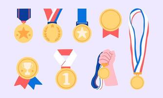 Victory Medal Icon Set. A set of eight gold medal illustrations featuring various designs, including ribbons and symbols, representing honor, achievement, and certification vector