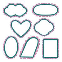 Hand Drawn Frames with Scalloped Borders. A versatile set of hand-drawn frames with scalloped edges, including cloud, heart, oval, rectangle, and square shapes for creative projects vector