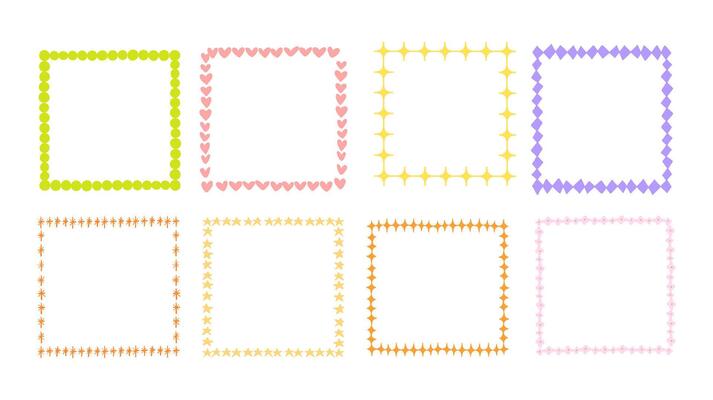 Decorative Frame Collection Vibrant Pattern. A collection of 8 decorative square frames with bold patterns, featuring hearts, flowers, stars, and geometric shapes in pastel and vibrant colors
