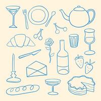Minimalist Hand Drawn Cafe and Dining Icon. A collection of 17 hand-drawn line icons with a cafe theme, featuring food, drink, and dining elements. Perfect for digital design and branding vector