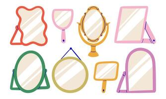 Hand Drawn Mirrors with Ornate Modern. A set of hand-drawn mirror designs, including wavy, oval, round, handheld, and arched frames with modern and vintage styles for creative decor vector