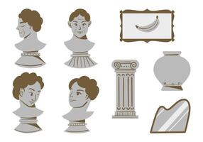 Classical Sculpture and Decor Illustration. A collection of eight illustrations featuring classical busts, decorative columns, vases, mirrors, and framed art. Perfect for museum, gallery themes vector
