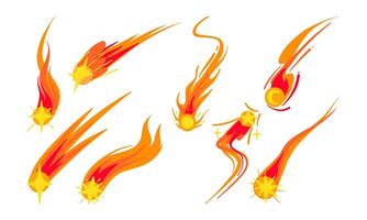 Fiery Comet and Shooting Star Collection. A collection of 8 fiery comets and shooting stars with glowing cores, dynamic flames, and bold celestial designs for cosmic-themed visuals vector