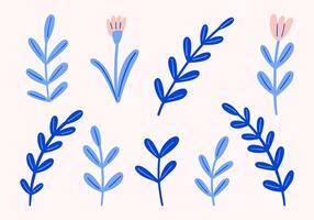 Minimal botanical leaves and floral elements. A collection of 9 minimalist botanical designs featuring blue leafy stems and pink flowers. Ideal for nature-inspired and decorative projects vector