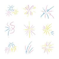 Vibrant Festive Fireworks Collection Set. A set of 9 unique firework illustrations, showcasing various festive burst patterns, ideal for celebrations and holiday themes vector