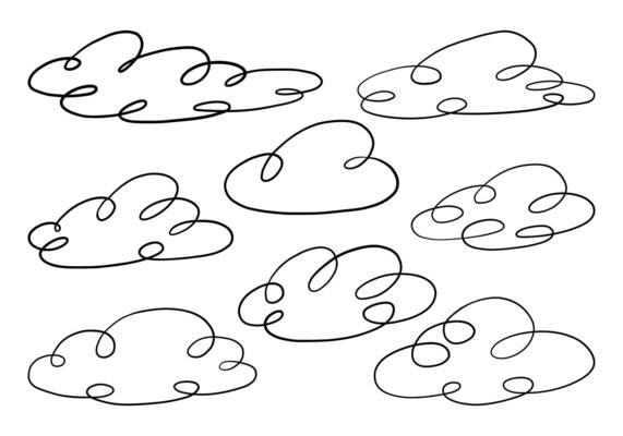 Minimalist Cloud Line Art with Looped Outline. A collection of 8 minimalist cloud line art designs featuring loops and continuous lines, perfect for abstract patterns or creative decor