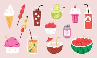 Variant summer food and drink. Set of cute summer icons Fruit, Juice, Ice cream, Drink. Bright summertime poster. Collection of scrapbook elements for beach party. vector