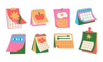 Vibrant Calendar Icons Set for the New Year. A set of 8 colorful and playful calendar icons representing the excitement of the new year, time transitions, and fresh starts vector