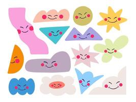 Cheerful Pastel Shapes with Faces Collection. A collection of 14 cheerful pastel shapes, featuring faces with rosy cheeks, including stars, clouds, and geometric design for playful and vibrant project vector
