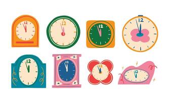 Midnight Clock Icon for Celebrations. A colorful set of 8 unique clocks all set to 12 clock. Perfect for themes around New Year, midnight countdowns, and festive events vector