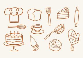 Hand Drawn Kitchen Elements Line Art. A set of 12 hand-drawn kitchen elements, featuring various cooking and baking tools, food items, and dessert icons, in a minimalistic line art style vector